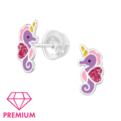 Seahorse Children's Sterling Silver Premium Kid Ear Studs with Epoxy