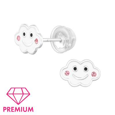 Smiley Cloud Children's Sterling Silver Premium Kid Ear Studs with Crystal and Epoxy