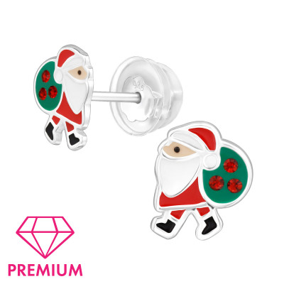 Santa Claus Children's Sterling Silver Premium Kid Ear Studs with Crystal and Epoxy