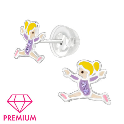 Gymnastics Girl Children's Sterling Silver Premium Kid Ear Studs with Crystal and Epoxy