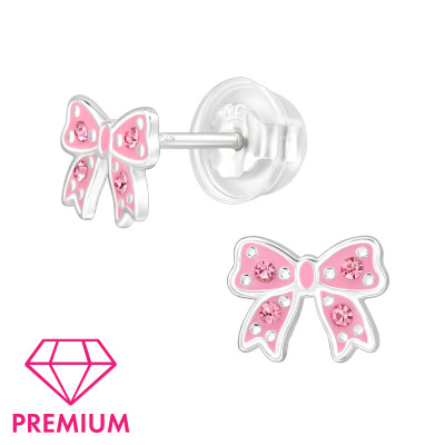 Bow Children's Sterling Silver Premium Kid Ear Studs with Crystal and Epoxy