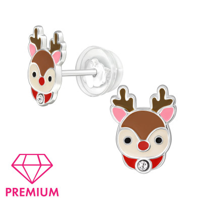 Reindeer Children's Sterling Silver Premium Kid Ear Studs with Crystal and Epoxy