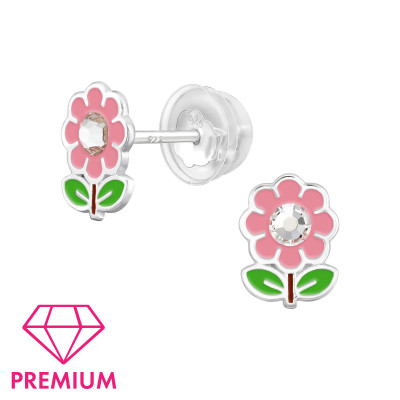 Flower Children's Sterling Silver Premium Kid Ear Studs with Crystal and Epoxy