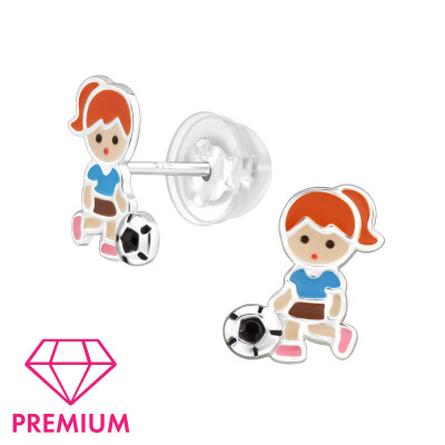 Girl Football Player Children's Sterling Silver Premium Kid Ear Studs with Crystal and Epoxy