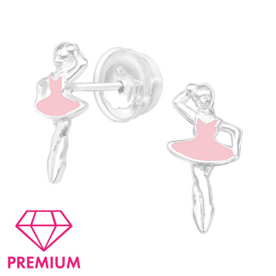 Premium Children's Silver Ballerina Ear Studs with Epoxy