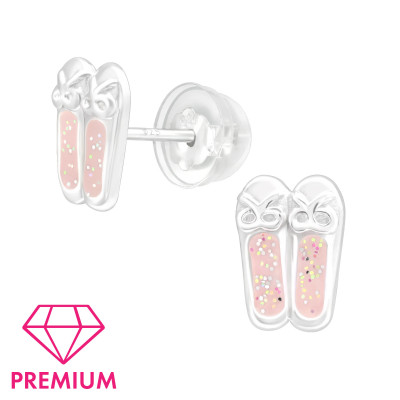 Children's Silver Ballerina Shoes Ear Studs with Epoxy