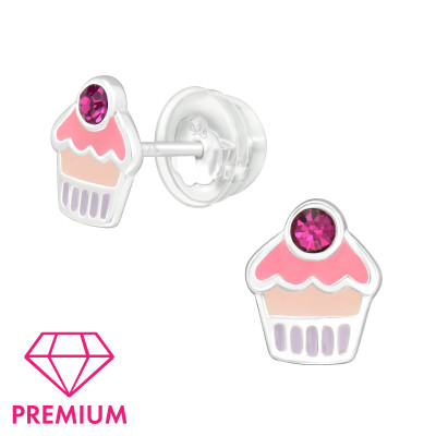 Children's Silver Cupcake Ear Studs with Crystal and Epoxy