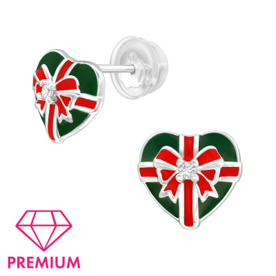 Premium Children's Silver Christmas Present Ear Studs with Cubic Zirconia and Epoxy