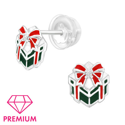 Premium Children's Silver Gift Present Ear Studs with Cubic Zirconia and Epoxy