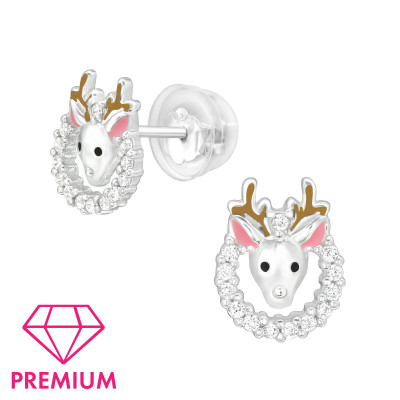 Premium Children's Silver Reindeer Ear Studs with Cubic Zirconia and Epoxy