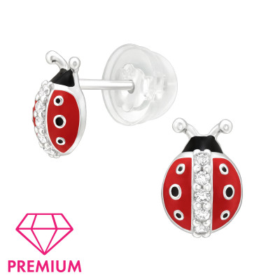 Children's Silver Ladybug Ear Studs with Cubic Zirconia and Epoxy