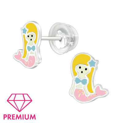 Premium Children's Silver Mermaid Ear Studs with Epoxy