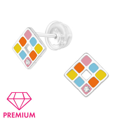 Premium Children's Silver Geometric Ear Studs with Crystal and Epoxy