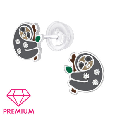 Premium Children's Silver Sloth Ear Studs with Crystal and Epoxy