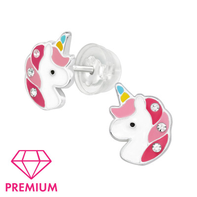 Premium Children's Silver Unicorn Ear Studs with Crystal and Epoxy