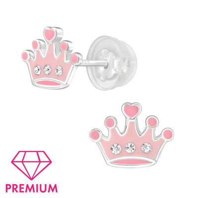 Premium Children's Silver Crown Ear Studs Crystal with Epoxy