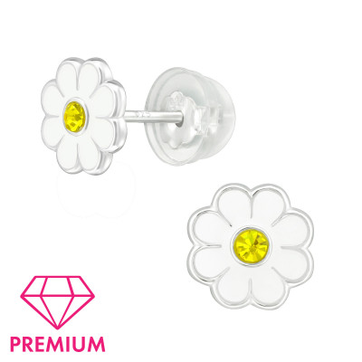 Premium Children's Silver Daisy Flower Ear Studs with Crystal and Epoxy
