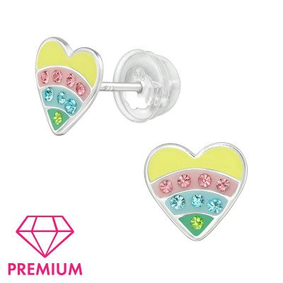 Premium Children's Silver Heart Ear Studs with Crystal and Epoxy