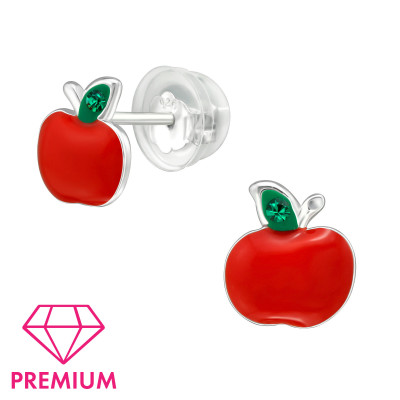 Premium Children's Silver Apple Ear Studs with Crystal and Epoxy