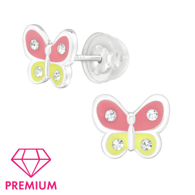 Premium Children's Silver Butterfly Ear Studs with Crystal and Epoxy