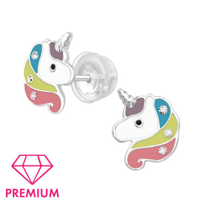 Premium Children's Silver Unicorn Ear Studs with Crystal and Epoxy