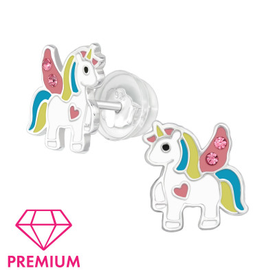 Premium Children's Silver Unicorn Ear Studs with Crystal and Epoxy