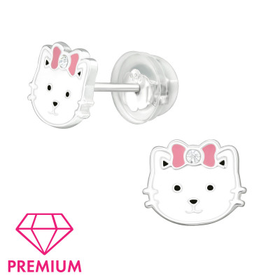 Premium Children's Silver Cat Ear Studs with Crystal and Epoxy