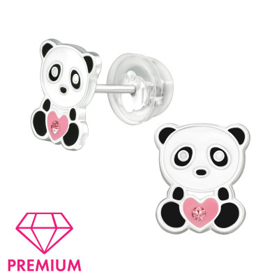 Premium Children's Silver Panda Ear Studs with Crystal and Epoxy