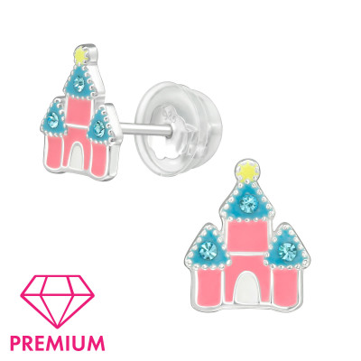 Premium Children's Silver Castle Ear Studs with Crystal and Epoxy