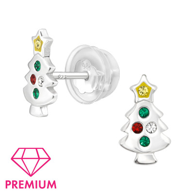 Premium Children's Silver Christmas Tree Ear Studs with Crystal and Epoxy