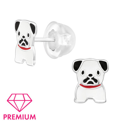 Premium Children's Silver Pug Dog Ear Studs with Epoxy