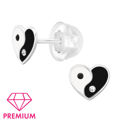 Premium Children's Silver Yin Yang Heart Ear Studs with Crystal and Epoxy