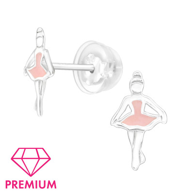 Premium Children's Silver Ballerina Ear Studs with Epoxy