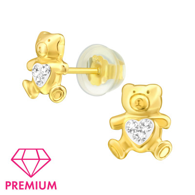 Premium Children's Silver Bear Ear Studs with Crystal