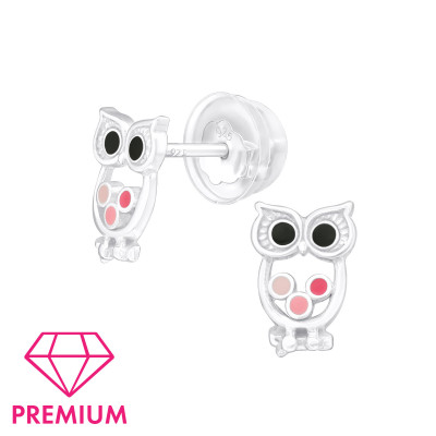 Premium Children's Silver Owl Ear Studs with Epoxy