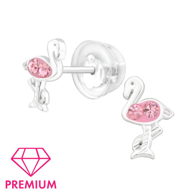 Premium Children's Silver Flamingo Ear Studs with Crystal