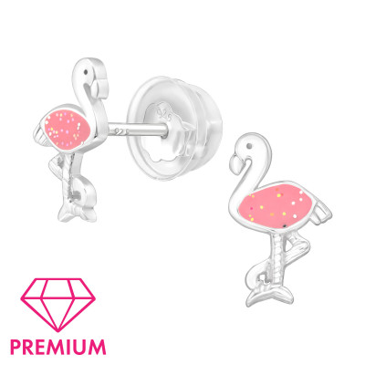 Children's Silver Flamingo Ear Studs with Epoxy