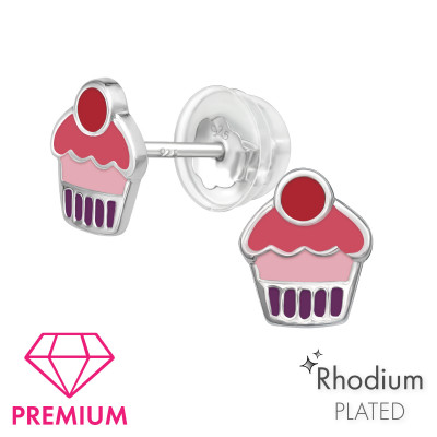 Premium Children's Silver Cupcake Ear Studs with Epoxy