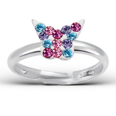 Butterfly Children's Sterling Silver Adjustable Ring with Crystal