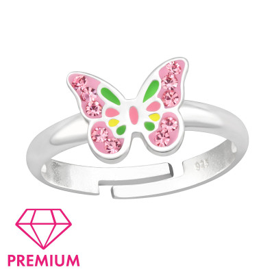 Children's Silver Butterfly Adjustable Ring with Crystal and Epoxy