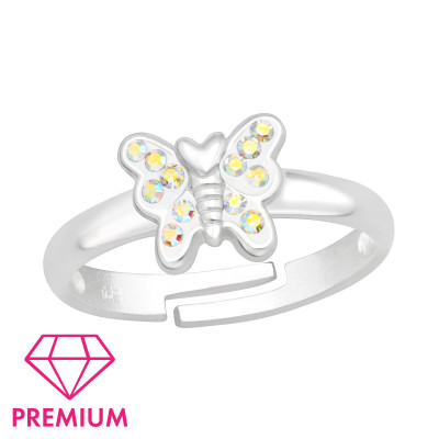 Children's Silver Butterfly Adjustable Ring with Crystal