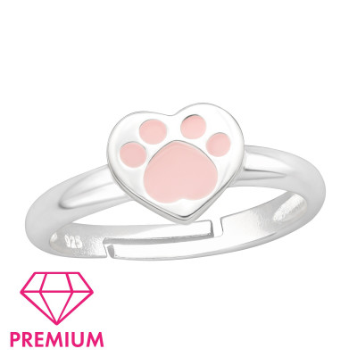 Children's Silver Heart Paw Print Adjustable Ring with Epoxy