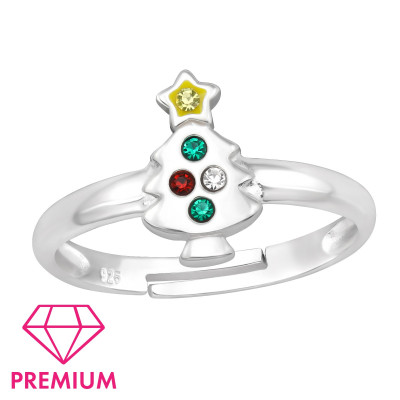 Children's Silver Christmas Tree Adjustable Ring with Crystal and Epoxy