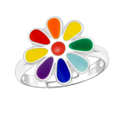 Children's Silver Flower Adjustable Ring with Epoxy