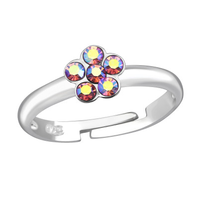 Children's Silver Flower Adjustable Ring with Crystal