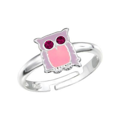 Children's Silver Owl Adjustable Ring with Crystal and Epoxy