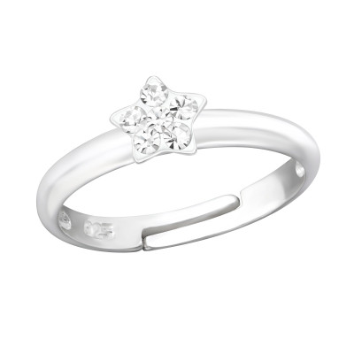 Children's Silver Star Adjustable Ring with Crystal (Adjustable Size 2.5-3.5)