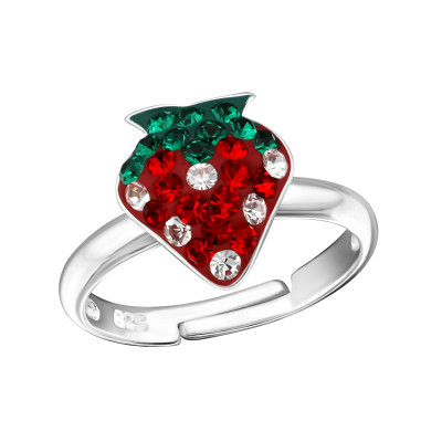 Children's Silver Strawberry Adjustable Ring with Crystal