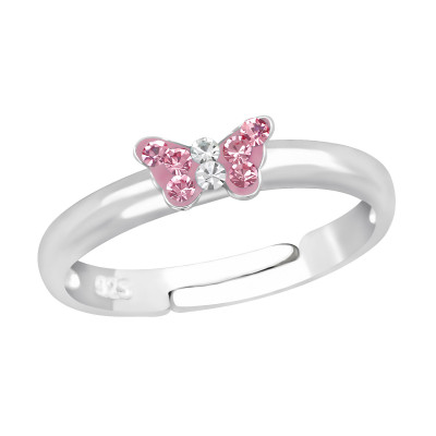 Children's Silver Small Butterfly Adjustable Ring with Crystal