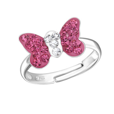 Children's Silver Butterfly Adjustable Ring with Crystal